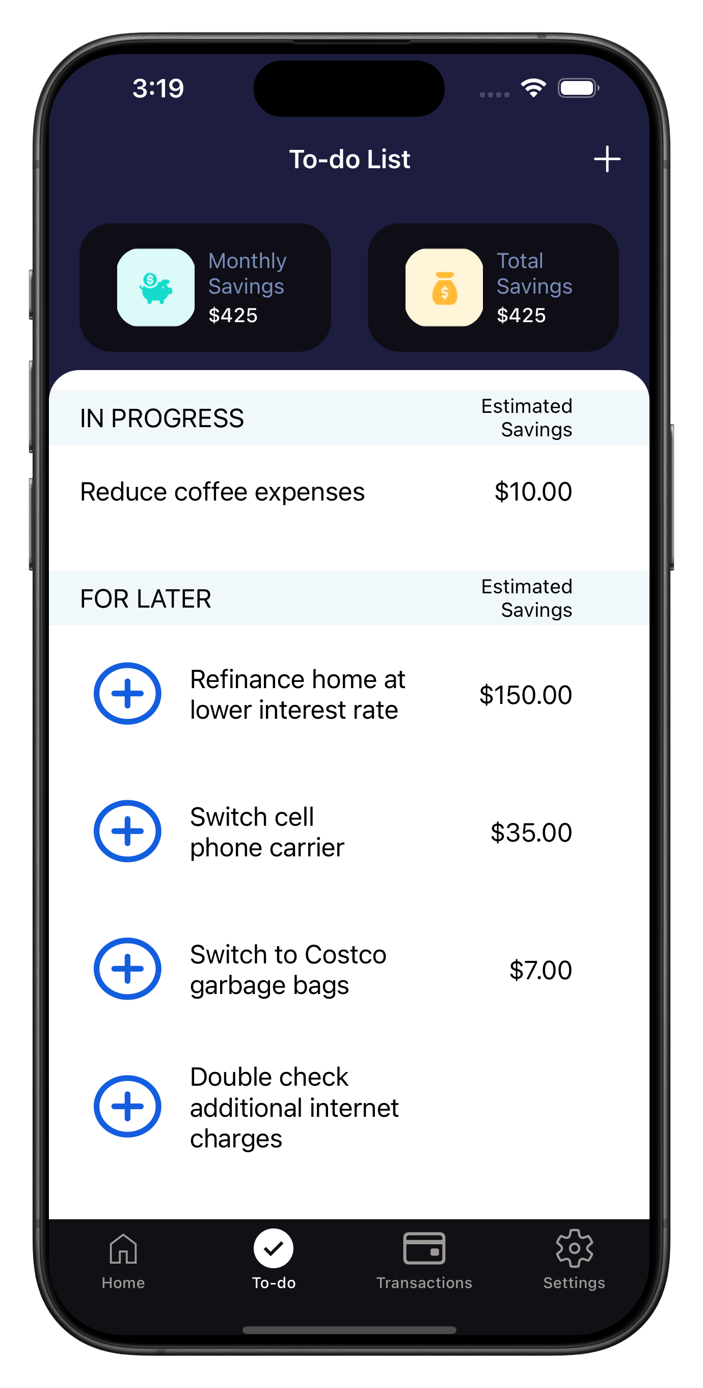 Part of an Expense Check-Up report showing an Expense score of 77 in a blue circle, followed by suggestions to save money on expenses.